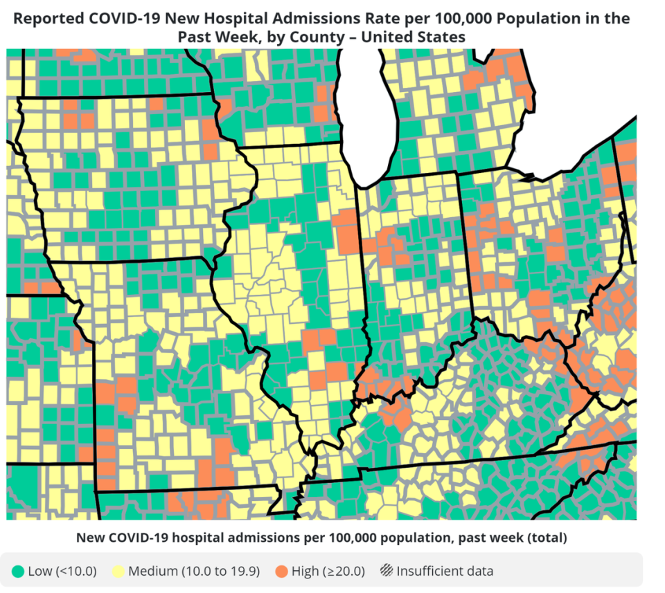 The U.S. Centers for Disease Control and Prevention reports seven Illinois counties are at a high COVID-19 hospitalization rate.
