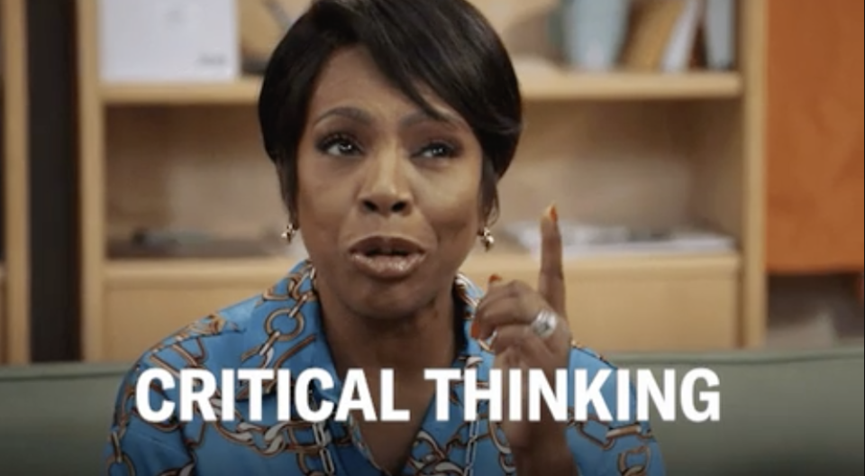 a woman saying, "critical thinking"
