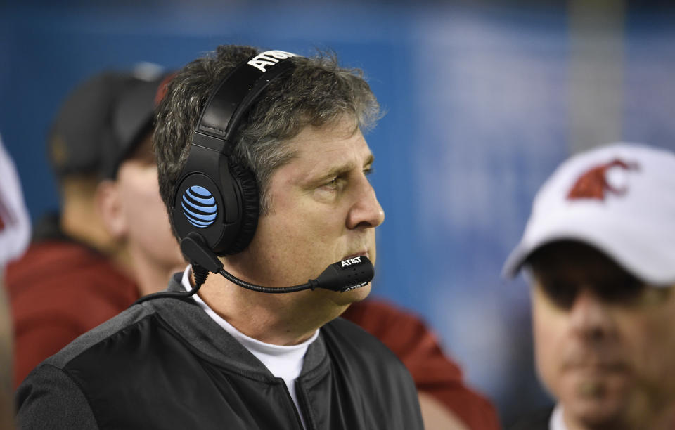 Washington State head coach Mike Leach looks on from the sidelines during the first half of the Holiday Bowl NCAA college football game against Michigan State Thursday, Dec. 28, 2017, in San Diego. (AP Photo/Denis Poroy)