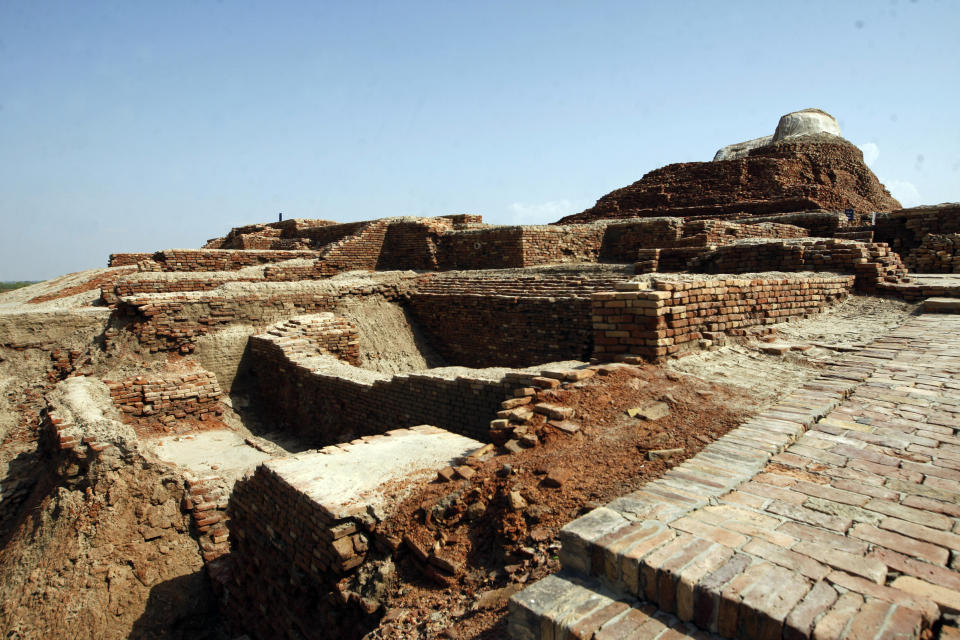 Ruins at Mohenjo Daro, a UNESCO World Heritage Site, in Mohenjo Daro, suffered damage from heavy rainfall, in Larkana District, of Sindh, Pakistan, Tuesday, Sept. 6, 2022. The rains now threaten the famed archeological site dating back 4,500 years. The flooding has not directly hit Mohenjo Daro but the record-breaking rains have inflicted damage on the ruins of the ancient city, said Ahsan Abbasi, the site's curator. (AP Photo/Fareed Khan)