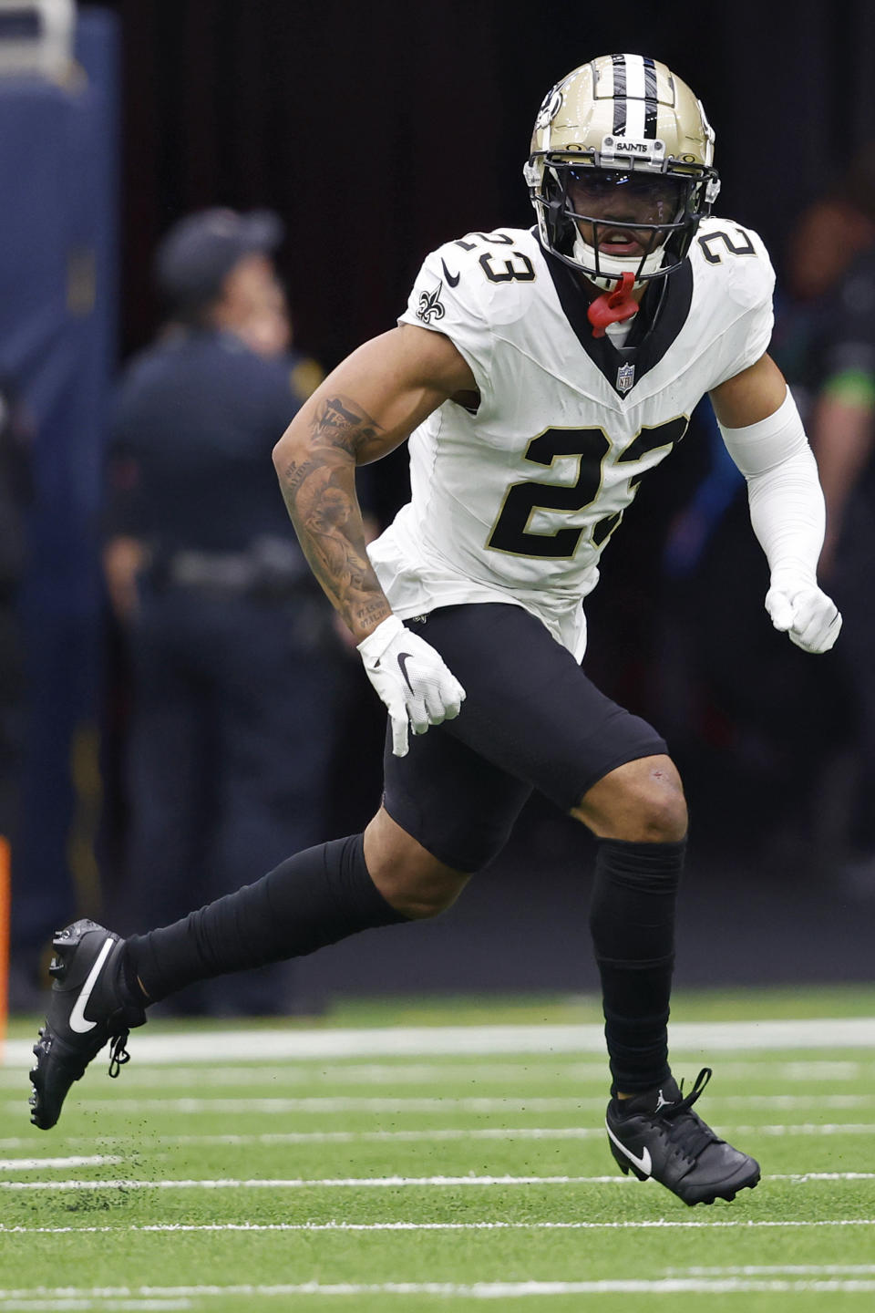 FILE - New Orleans Saints cornerback Marshon Lattimore (23) plays during an NFL football game against the Houston Texans, Sunday, Oct. 15, 2023, in Houston. Lattimore was voted one of the top five cornerbacks at the midpoint of the season by The Associated Press. (AP Photo/Tyler Kaufman, File)