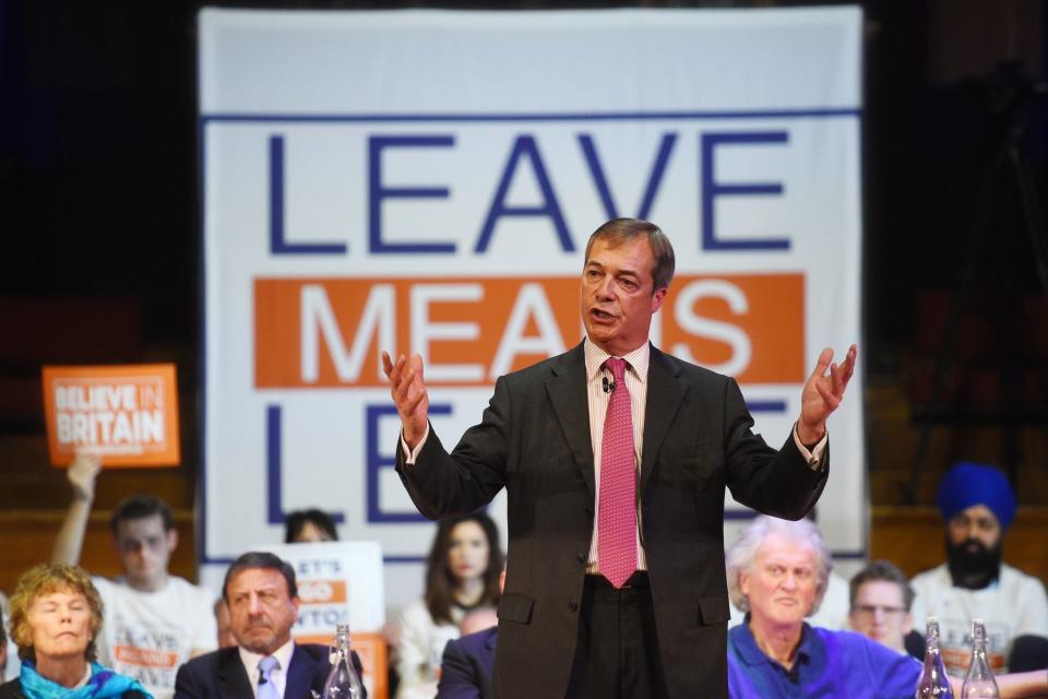 Nigel Farage speaking at a Leave Means Leave rally (PA)