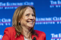 FILE - Mary Barra, CEO of General Motors, speaks during an interview on Dec. 13, 2023, in Washington. Barra was among the top five highest paid women CEOs in 2023 according to a survey by the Associated Press. (AP Photo/Stephanie Scarbrough, File)