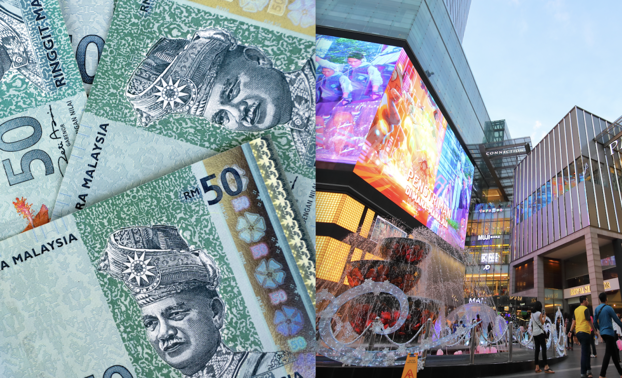 A composite image of 50 ringgit dollar notes and a shopping complex at Malaysia's Bukit Bintang signifying inflation
