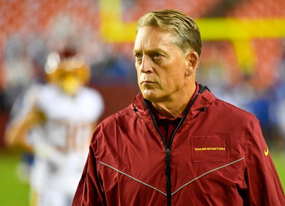 Washington Commanders defensive coordinator Jack Del Rio looks on before a game against the New York Giants on Sept. 16, 2021.