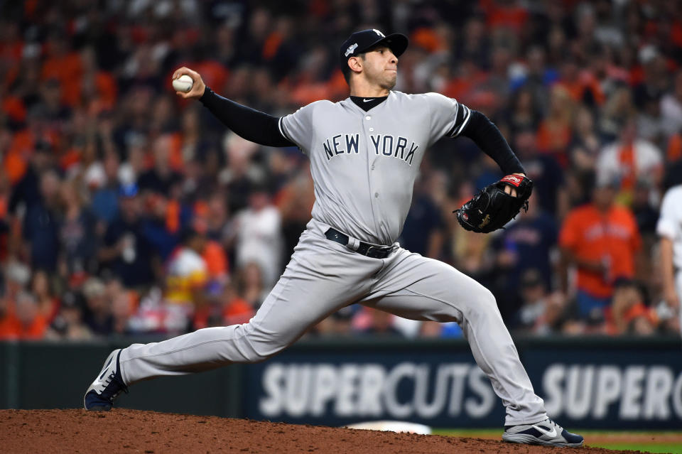 HOUSTON, TX - OCTOBER 19:  Luis Cessa #85 of the New York Yankees pitches during Game 6 of the ALCS between the New York Yankees and the Houston Astros at Minute Maid Park on Saturday, October 19, 2019 in Houston, Texas. (Photo by Cooper Neill/MLB Photos via Getty Images)
