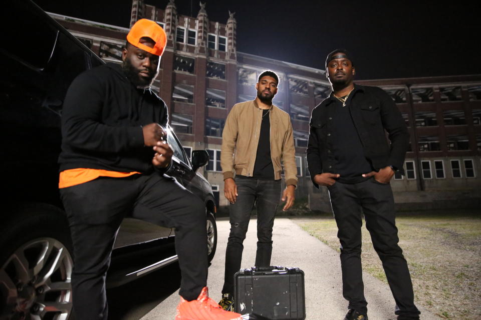 Hero shot of The Ghost Brothers Marcus Harvey, Juwan Mass & Dalen Spratt in front of the location for the investigation at the Waverly Hills Sanatorium in Louisville, KY as seen on Travel Channel.