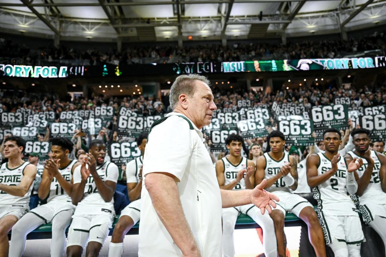 Michigan State's head coach Tom Izzo is celebrated after the game against Maryland on Sunday, March 6, 2022, at the Breslin Center.