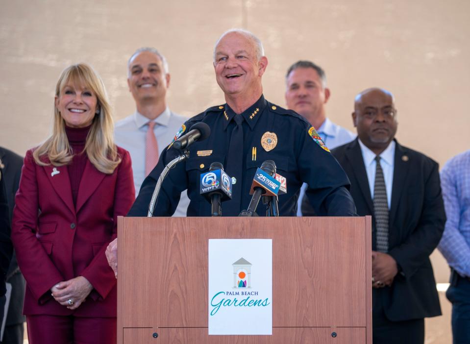 Palm Beach Gardens Police Chief Clinton Shannon smiles at a press conference after announcing the capture and arrest of a second suspect in the shooting at The Gardens Mall in Palm Beach Gardens, Florida.
