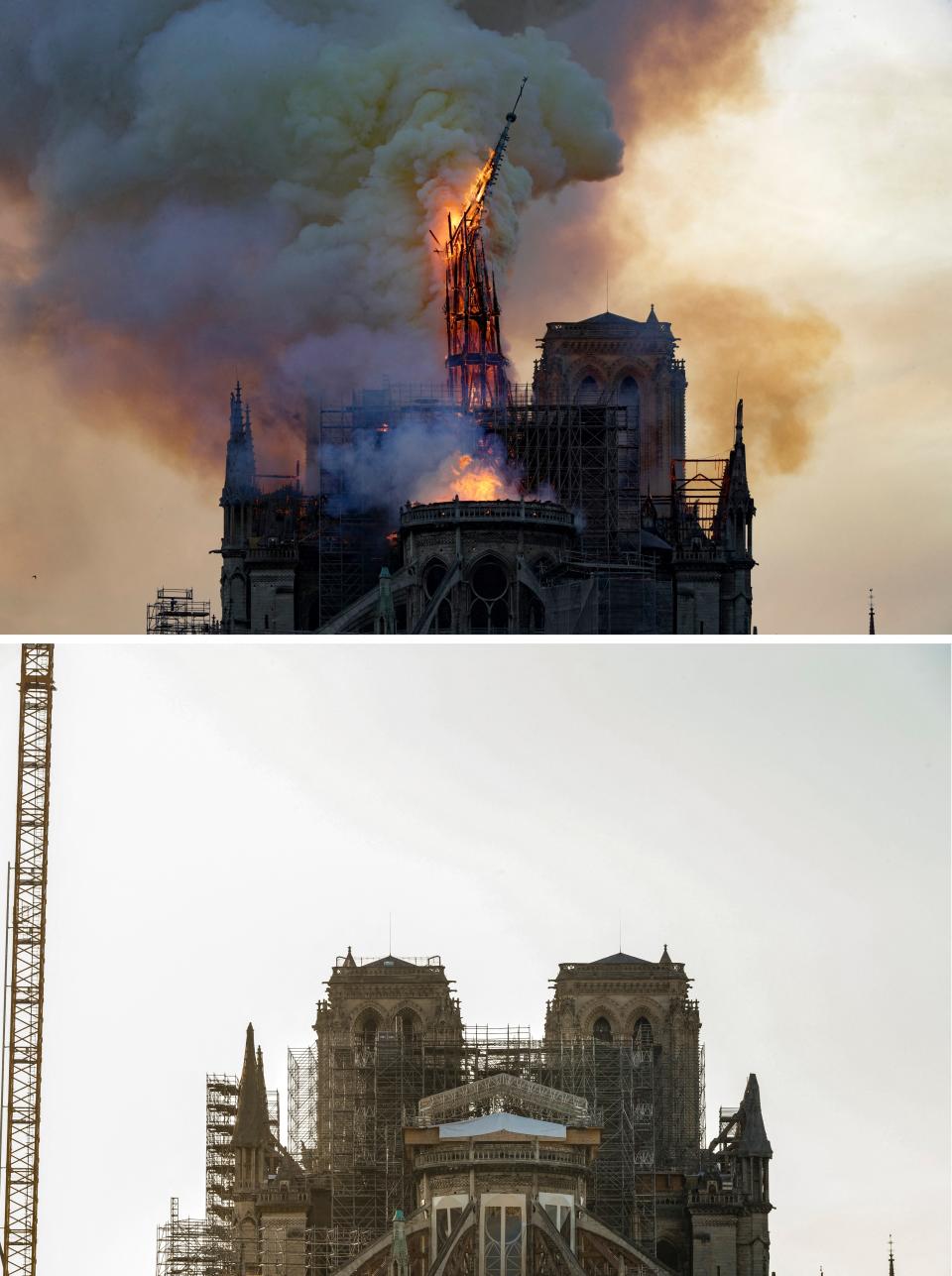 Notre-Dame Cathedral's spire burns in the top image. The bottom image shows the cathedral without the spire amid scaffolding