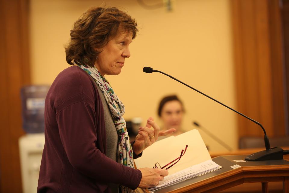 Kansans for Life lobbyist Jeanne Gawdun answers questions from legislators about a proposal to spend taxpayer money on anti-abortion efforts.