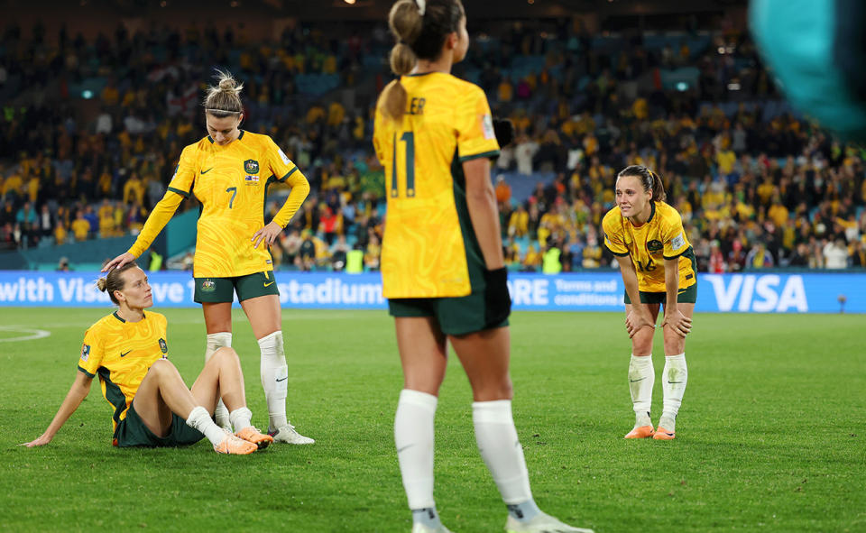 Matildas players, pictured here after their loss to England at the Women's World Cup.