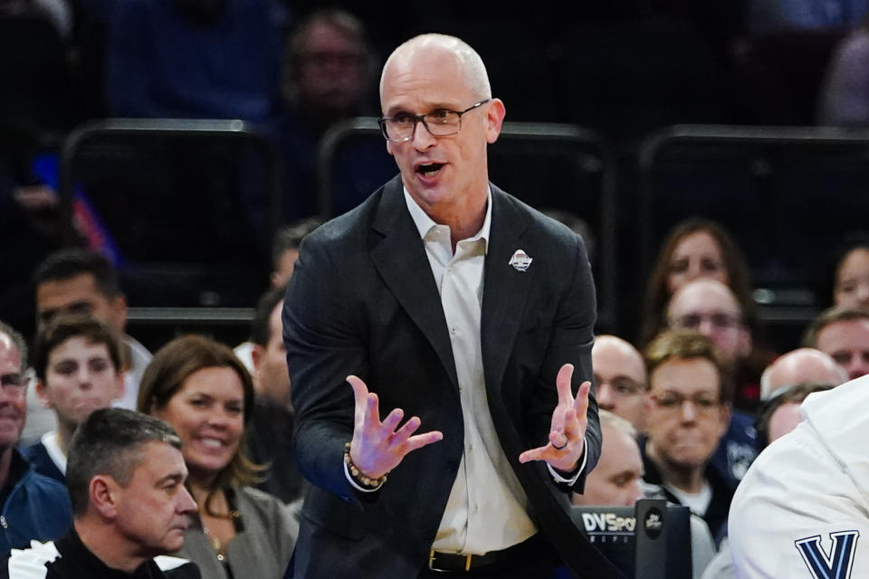 Connecticut coach Dan Hurley reacts to a call during the first half of the team's NCAA college basketball game against Villanova in the semifinals of the Big East men's tournament Friday, March 11, 2022, in New York. (AP Photo/Frank Franklin II)