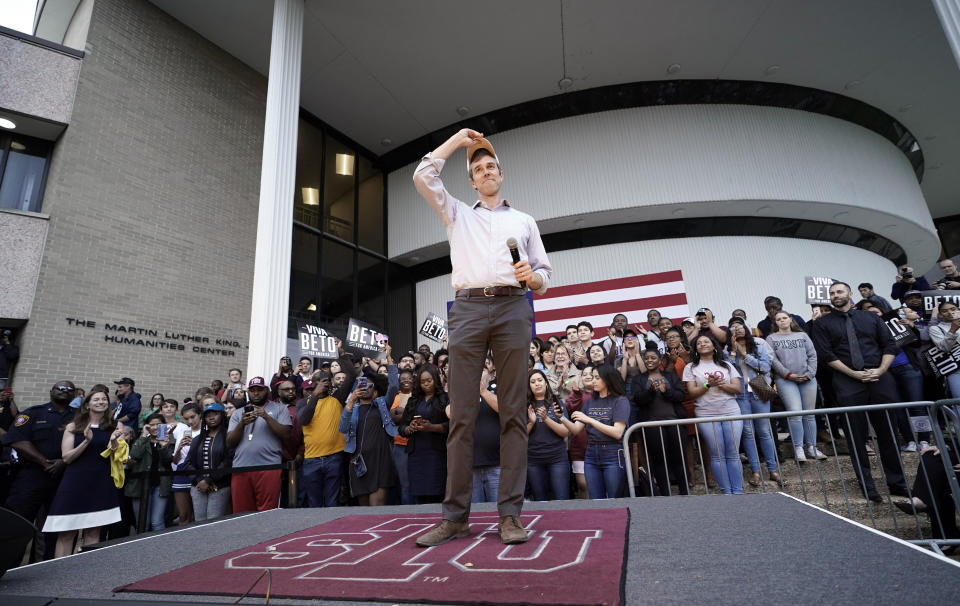 Democratic presidential candidate and former Texas congressman Beto O'Rourke speaks during his presidential campaign kickoff rally in Houston, Saturday, March 30, 2019. (AP Photo/David J. Phillip)