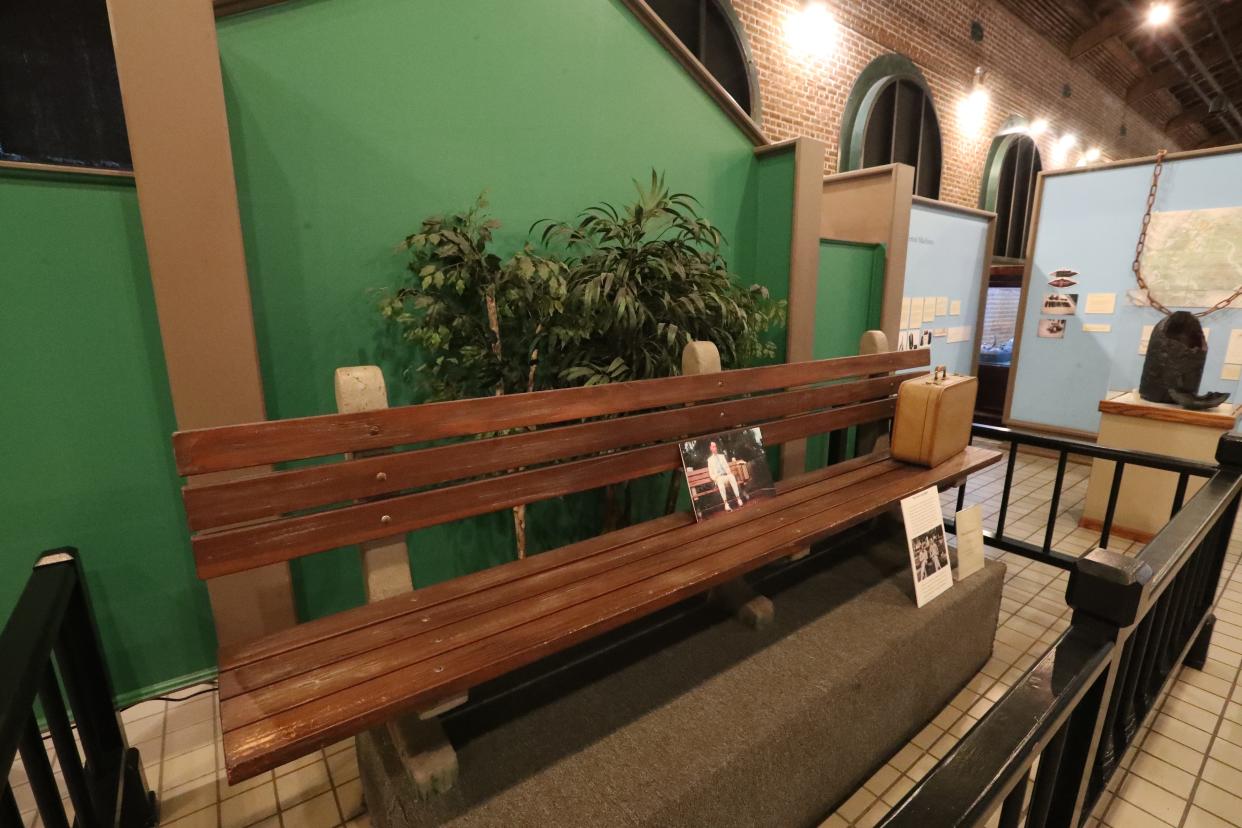 A replica of the famous "Forest Gump" bench is on display at the Savannah History Museum.