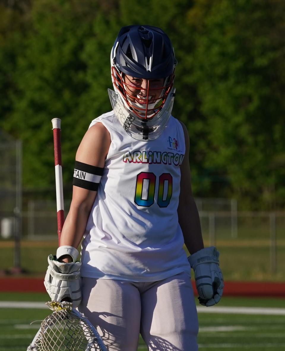Arlington goalis Simone Gillette (00) on the field during girls lacrosse action against Pawling at Arlington High School in LaGrangeville on Saturday, May 6, 2023. 