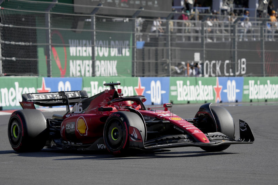 Ferrari driver Charles Leclerc of Monaco races for pole position during the Formula One Mexico Grand Prix auto race at the Hermanos Rodriguez racetrack in Mexico City, Saturday, Oct. 28, 2023. (AP Photo/Fernando Llano)