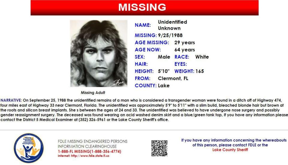 The remains of an unidentified, unknown transgender woman were found near Clermont on Sept. 25, 1988.