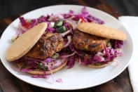 Photo: Crispy Bits and Burnt Ends<br> Thai Chicken Burgers<br><br> What happens when a very creative blogger takes the fresh and fiery flavors of pad kee mao and turns them into a light and bright chicken burger? This.<br><br> Recipe: <a href="http://crispybitsnburntends.com/thai-chicken-burgers-dieting-vs-healthy-life-style/" rel="nofollow noopener" target="_blank" data-ylk="slk:Thai Chicken Burgers;elm:context_link;itc:0;sec:content-canvas" class="link ">Thai Chicken Burgers</a>