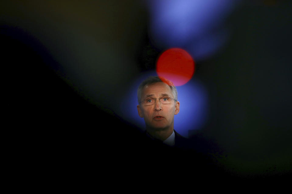 NATO Secretary-General Jens Stoltenberg speaks during a media conference at NATO headquarters in Brussels, Friday, Feb. 28, 2020. Ambassadors from the NATO military alliance are holding emergency talks Friday after Turkey requested a meeting with its partners following the killing of 29 Turkish soldiers in northeast Syria. (AP Photo/Olivier Matthys)