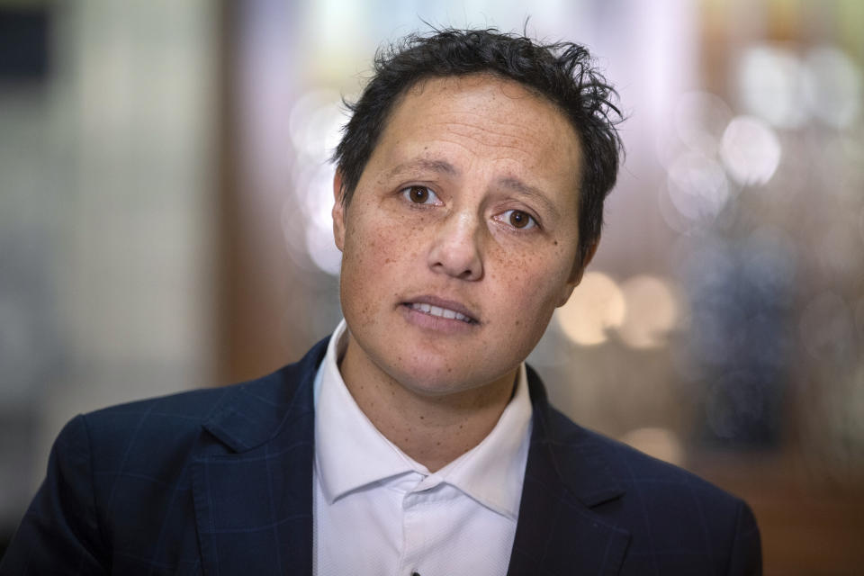 New Zealand Justice Minister Kiri Allan reacts during a news conference at Parliament in Wellington, New Zealand, June 26, 2023. Allan resigned Monday, July 24, after police charged her with reckless driving and resisting arrest following a car crash. (Mark Mitchell/NZ Herald via AP)