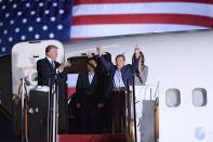 <p>President Donald Trump (L) applauds as US detainee Kim Dong-chul (2nd R) gestures upon his return with Kim Hak-song (C) and Tony Kim (behind) after they were freed by North Korea, at Joint Base Andrews in Maryland on May 10, 2018. (Photo by Saul Loeb/AFP/Getty Images) </p>