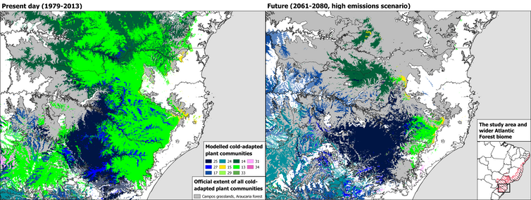 Two maps comparing the extent of plant communities adapted to cold weather in the present and in 50 years.