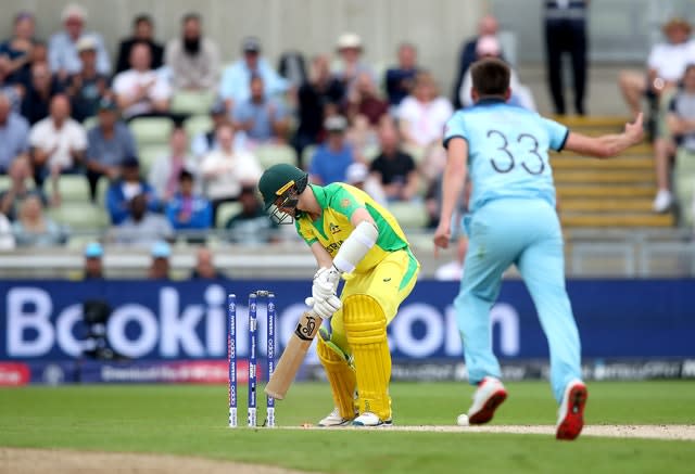 Mark Wood bowls Australia’s Jason Behrendorff during last year's World Cup semi-final