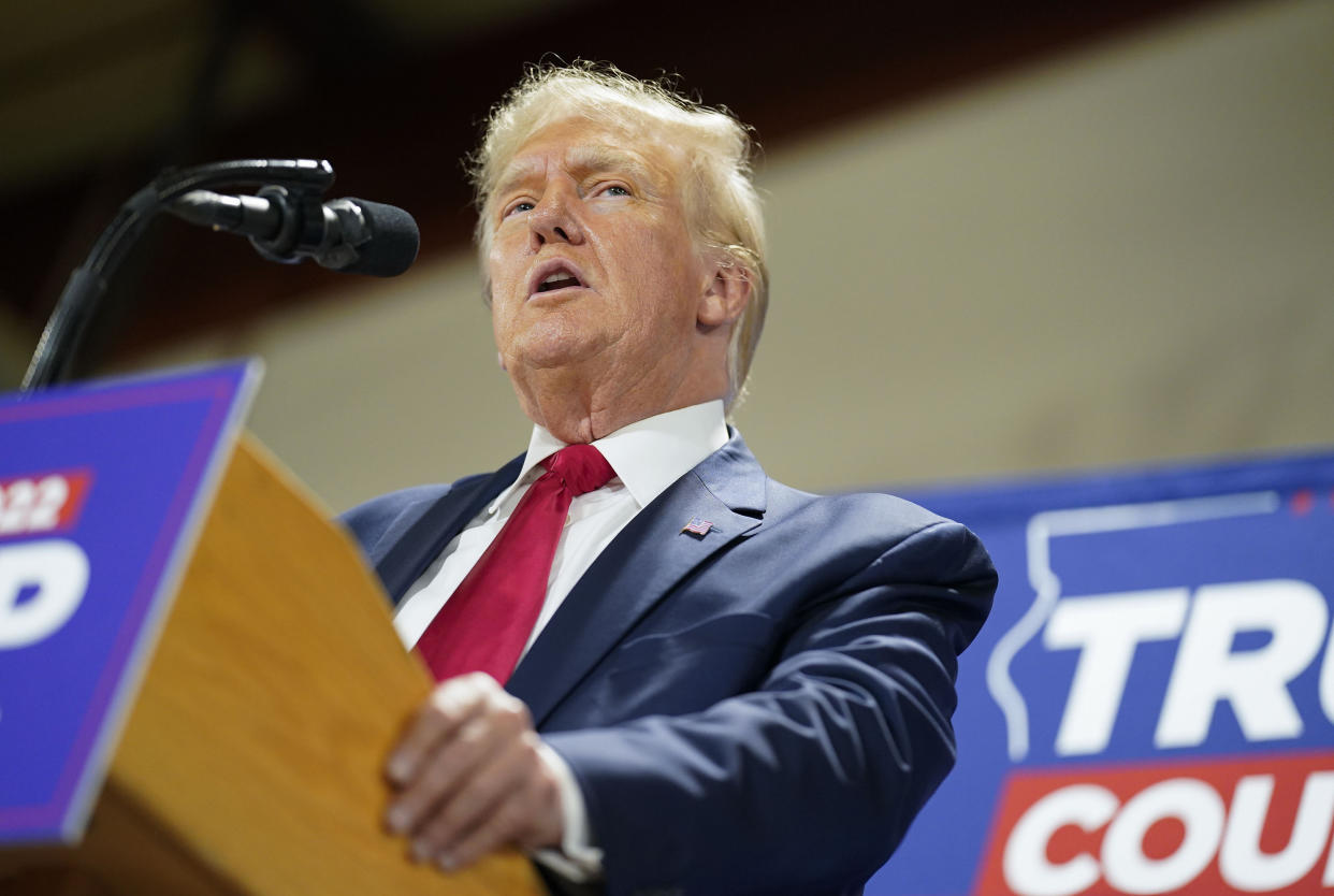 Maquoketa, Iowa - September 20: Former president Donald Trump speaks to supporters during a commit to caucus rally, Wednesday, Sept. 20, 2023, at the Jackson County Fairgrounds in Maquoketa, Iowa.
(Photo by Jabin Botsford/The Washington Post via Getty Images)