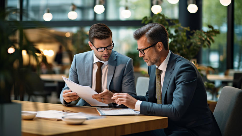 A professional advisor helping a client with an insurance policy, highlighting the company’s attention to customer service.