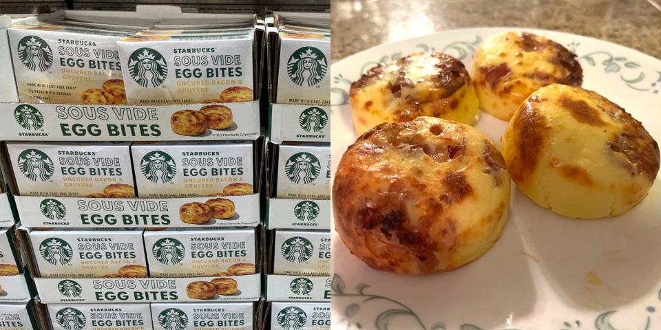 Starbucks sous vide egg bite boxes next to image of the bites air-fried on a plate