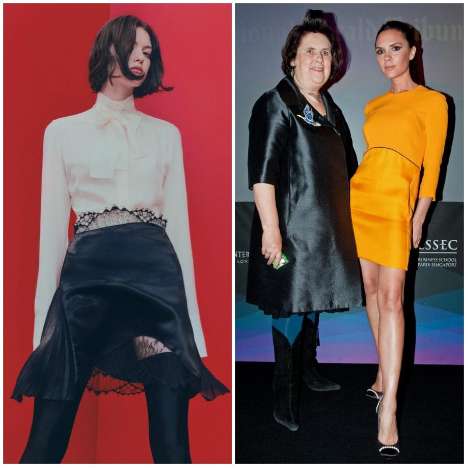 Mini skirt over 40? Yes. Victoria wears an orange mini skirt alongside fashion editor Suzy Menkes - Victoria Beckham/Getty Images 