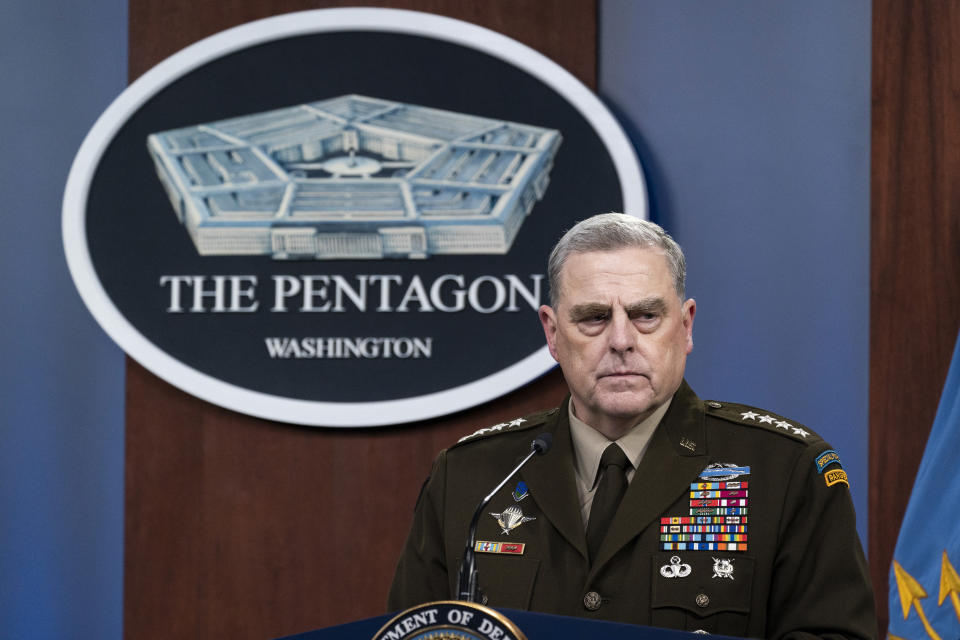 FILE - In this Aug. 18, 2021 photo, Joint Chiefs Chairman Gen. Mark Milley pauses while speaking during a media briefing at the Pentagon in Washington. (AP Photo/Alex Brandon)