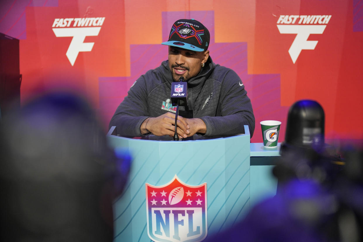 Philadelphia Eagles quarterback Jalen Hurts speaks to the media before Super Bowl LVII. (AP Photo/David J. Phillip)