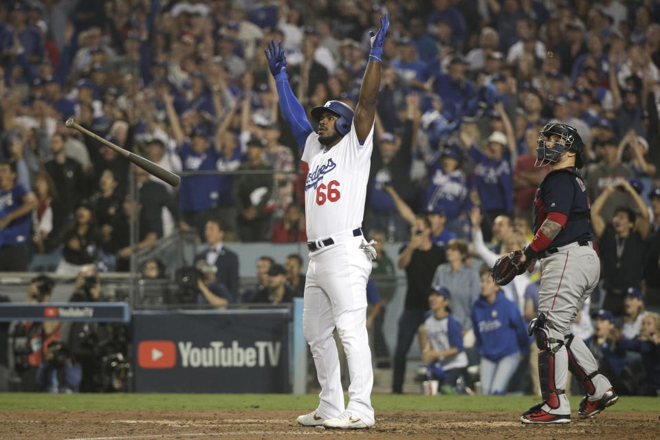 Yasiel Puig大聯盟生涯自洛杉磯道奇起步。（AP Photo/Jae C. Hong）