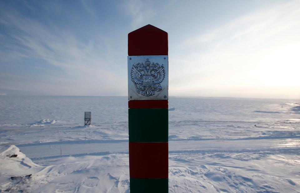 A Russian border mark is pictured at the Nagurskoye military base in Alexandra Land on the remote Arctic islands of Franz Josef Land, Russia, in March 2017.