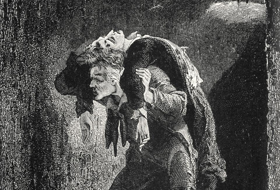 A drawing of Jean Valjean carrying Marius from Les Misérables