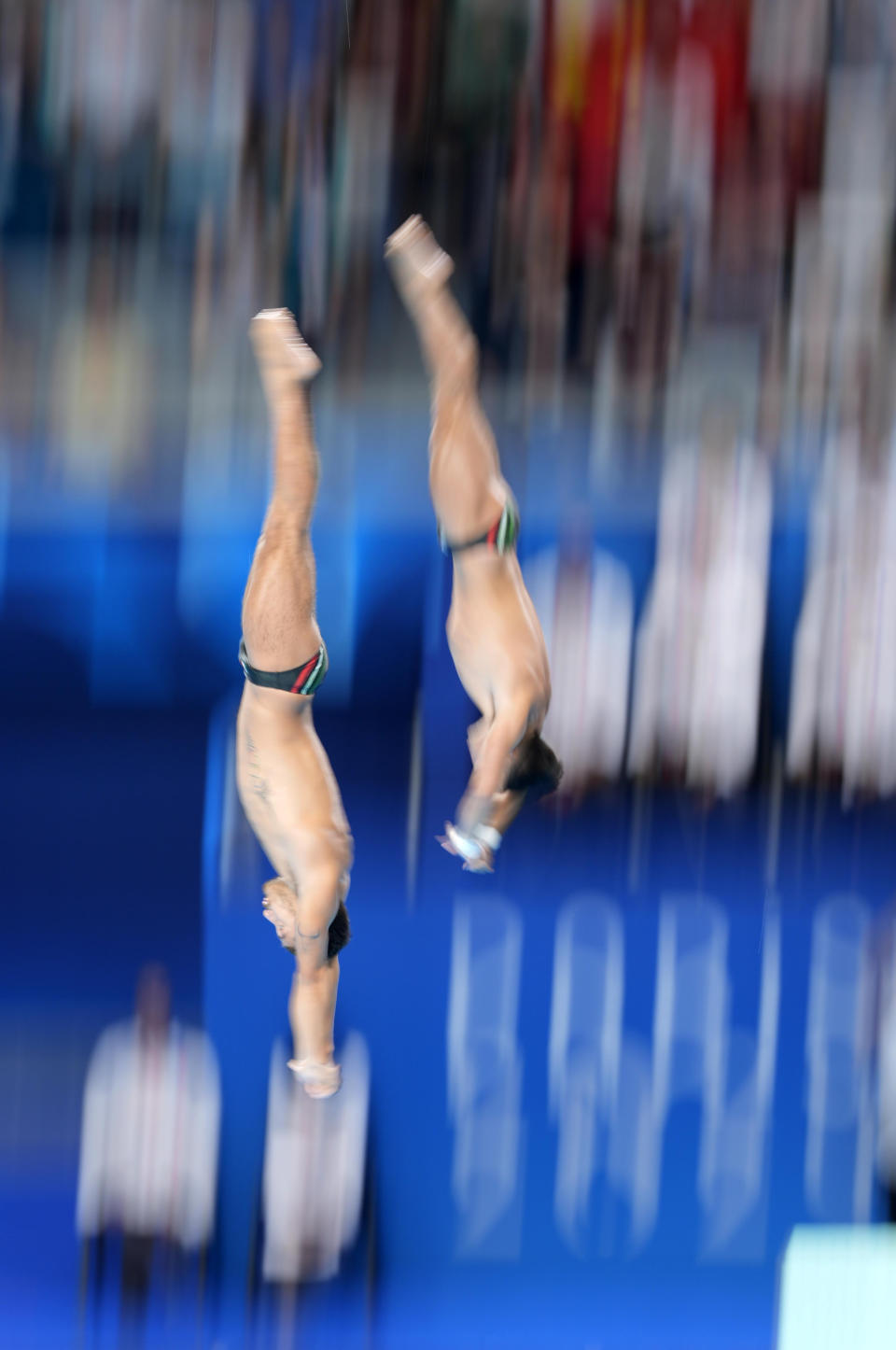 Jul 29, 2024; Paris, France;  Kevin Berlin Reyes and Randal Willars Valdez (MEX) in the men's 10m synchronized diving final during the Paris 2024 Olympic Summer Games at Aquatics Centre. Mandatory Credit: Andrew P. Scott-USA TODAY Sports