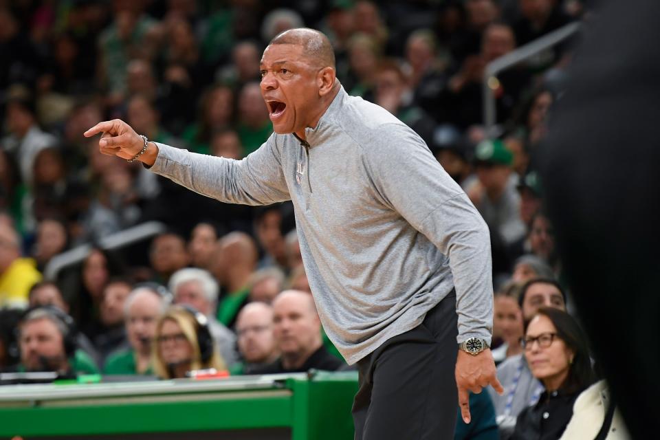 Sixers coach Doc Rivers yells instructions to his team during Game 1 of the conference semifinals against the Celtics.