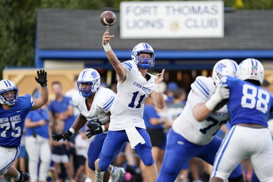 Simon Kenton quarterback Chase Crone (11) throws during a KHSAA high school football game against the Highlands Bluebirds at Highlands High School Friday, Aug. 26, 2022.