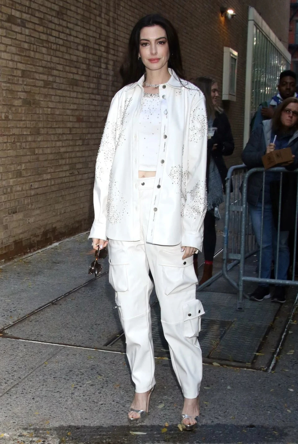 anne hathaway cargos rhinestone crop top