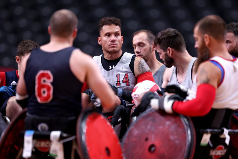 Joe Delagrave (14) of Team USA during a Team USA Wheelchair Rugby practice session ahead of the Tokyo 2020 Paralympic Games.