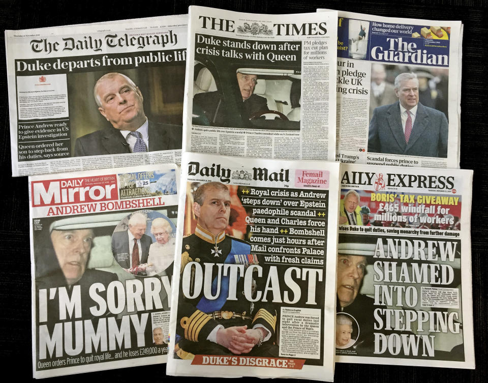 A combination photo of the front-pages of British newspapers on Thursday Nov. 21, 2019 headlining the scandal surrounding Britain's Prince Andrew. Lawyers for victims of sex offender Jeffrey Epstein say Britain's Prince Andrew should speak to U.S. investigators immediately, after the prince withdrew from royal duties over what he called his "ill-judged association" with the convicted pedophile. (AP Photo)