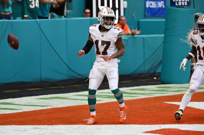 Miami Dolphins wide receiver Jaylen Waddle is set to play on a fifth-year rookie option in 2025. File Photo by Larry Marano/UPI