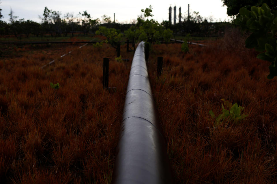 An oil pipeline from a petroleum plant crosses a field on the outskirts in El Tigre, Venezuela, on June 2. (Photo: Ivan Alvarado/Reuters)