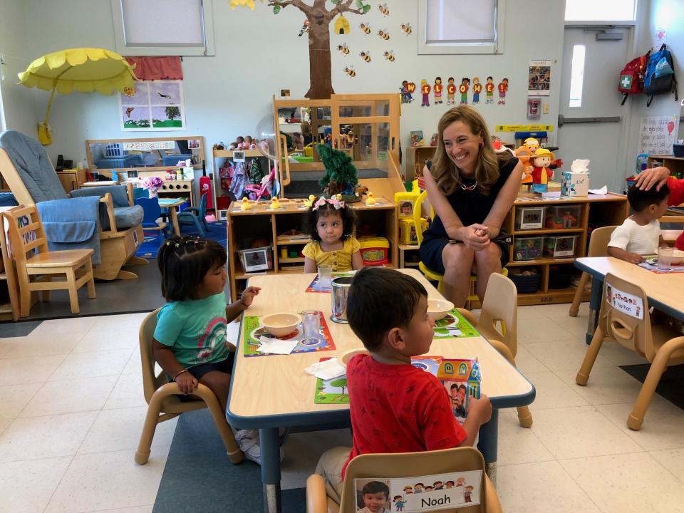 Rep. Mikie Sherrill, D-11th Dist., sits with a group of students in the Early Head Start program, part of the Head Start Community Program of Morris County, at the facility in Dover Tuesday, Sept. 5, 2023.