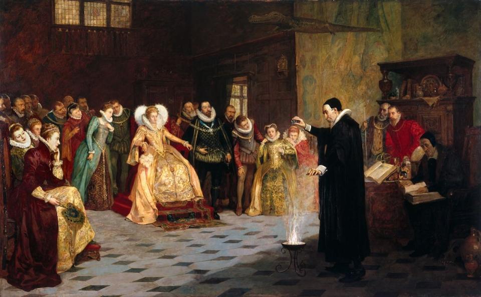 John Dee conducts an experiment for the English court in an oil painting by Henry Gillard Glindoni. 