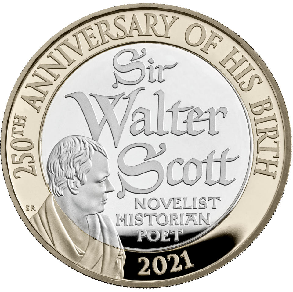 EMBARGOED TO 0001 MONDAY JANUARY 04 Undated handout photo issued by the Royal Mint of a new GBP 2 coin commemorating the 250th anniversary of the birth of Sir Walter Scott which is part of a range of new designs that will be appearing on British coins throughout 2021.