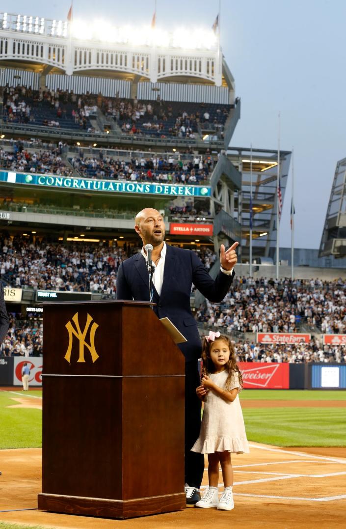 Derek Jeter’s daughter interrupted his speech at Yankee Stadium (Getty Images)