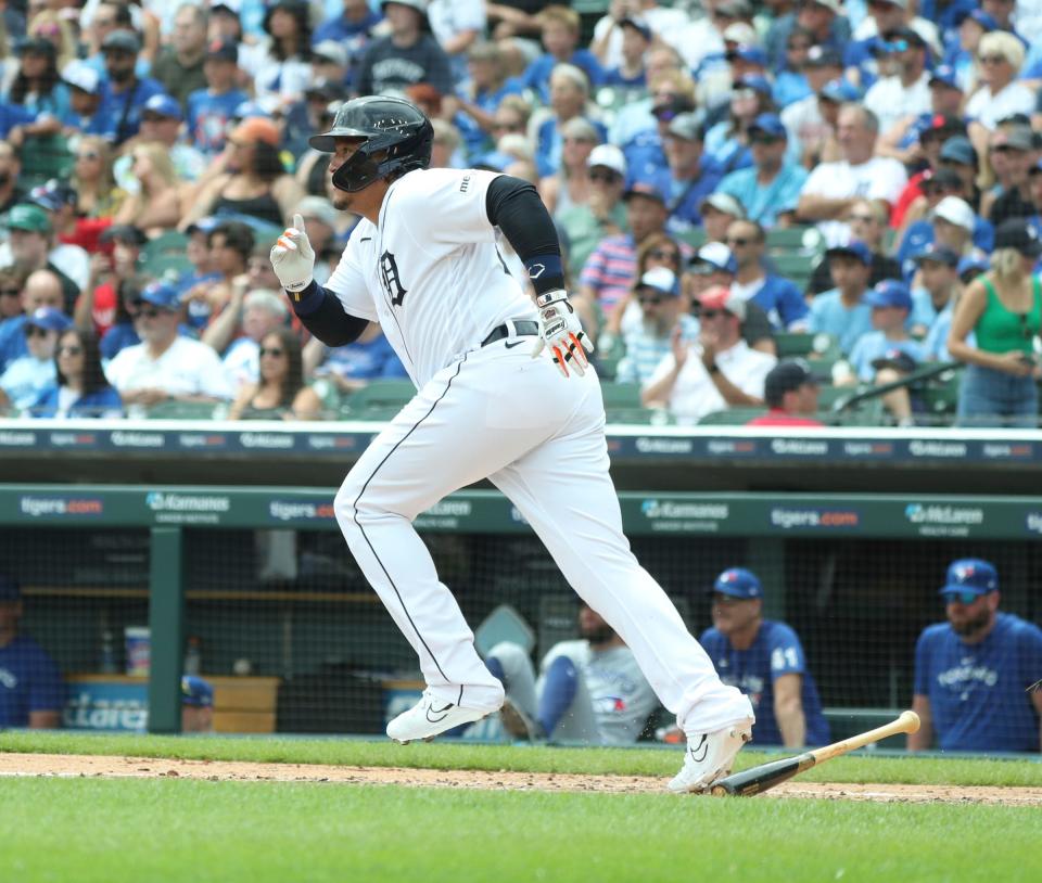 Detroit Tigers designated hitter Miguel Cabrera (24) singles against Toronto Blue Jays starting pitcher Chris Bassitt (40) during second-inning action at Comerica Park in Detroit on Sunday, July 9, 2023.